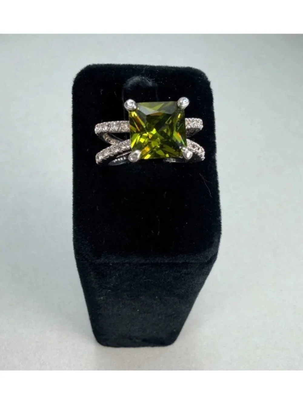 Huge Olive Green Princess Cut Statement Ring Pave CZ Silver Tone Size 7.5